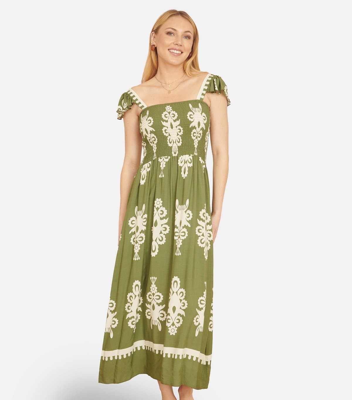 Yumi Women's Green Block Print Smocked Sun Dress Yumi New Look