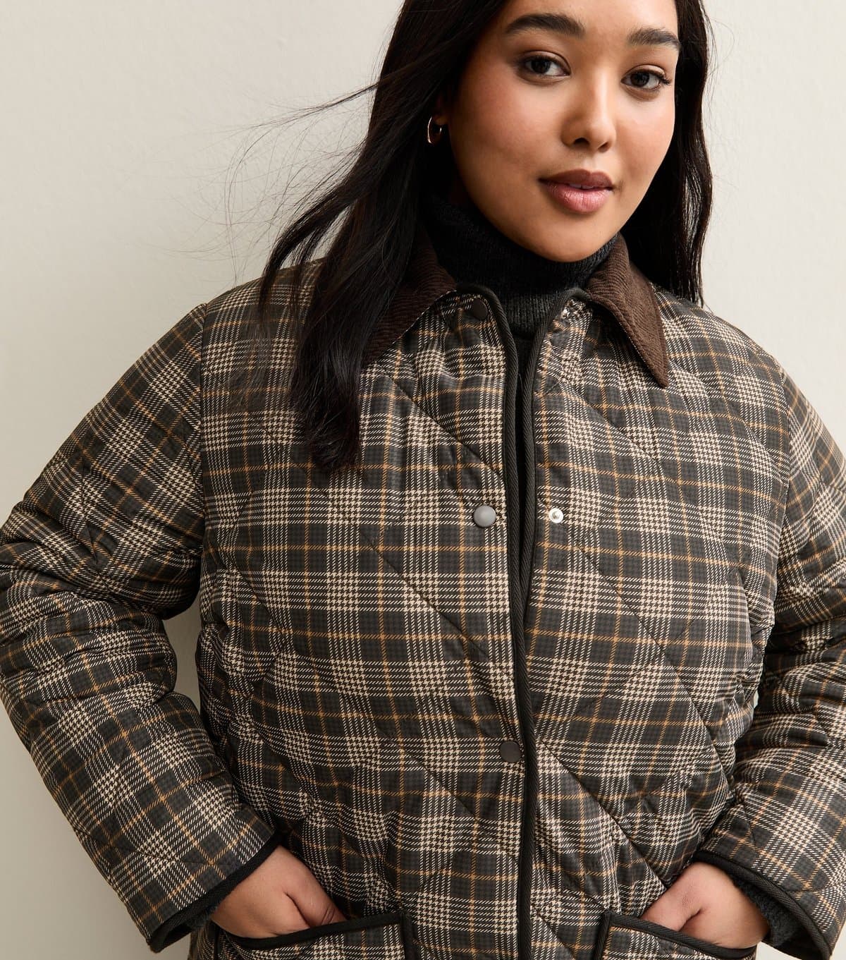 New Look Women's Plus Size Brown Checked Quilted Padded Jacket Curves New Look
