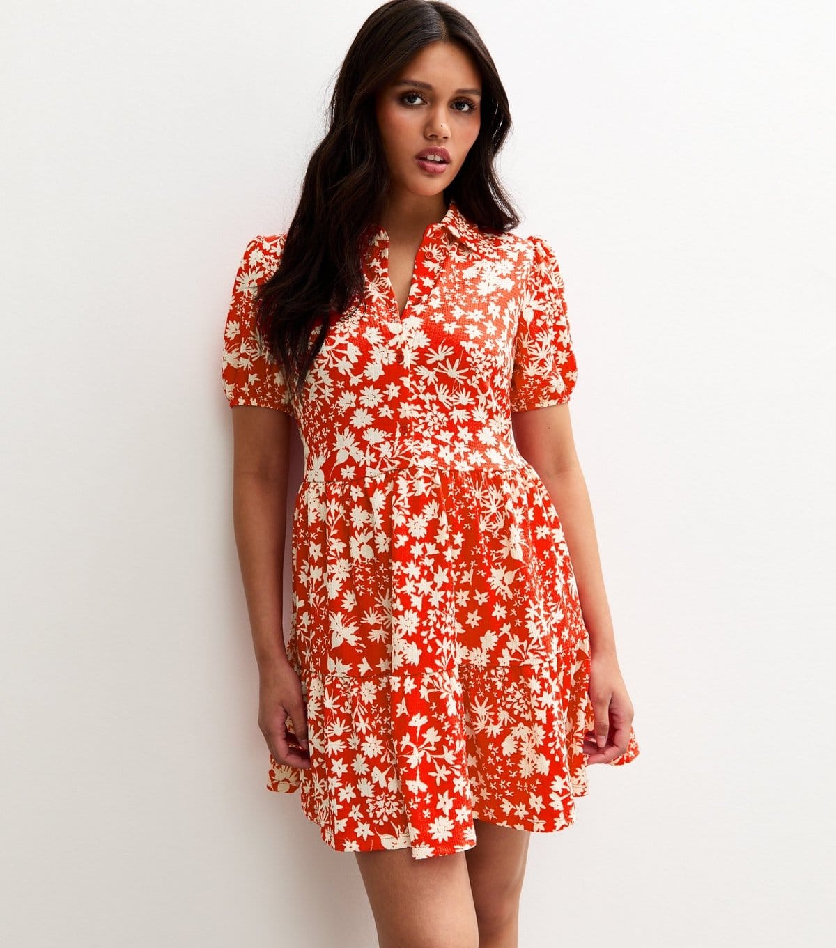 New Look Red Floral Print Crinkled Tiered Mini Dress