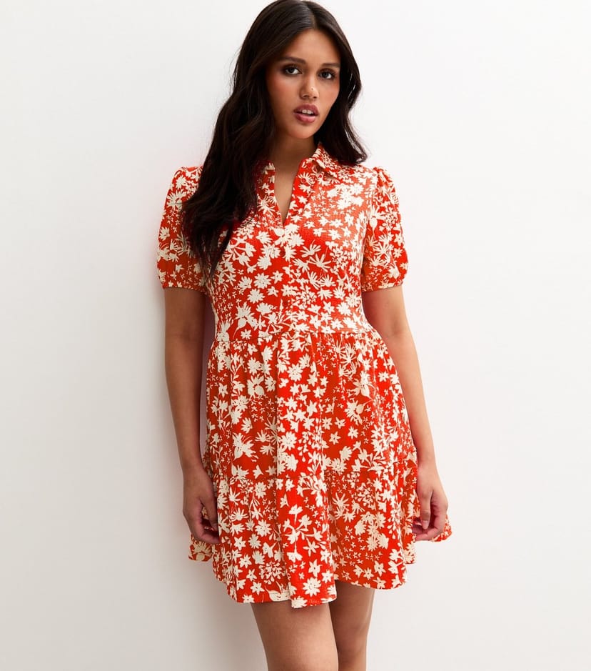 New Look Women's Red Floral Print Crinkled Tiered Mini Dress New Look - 1