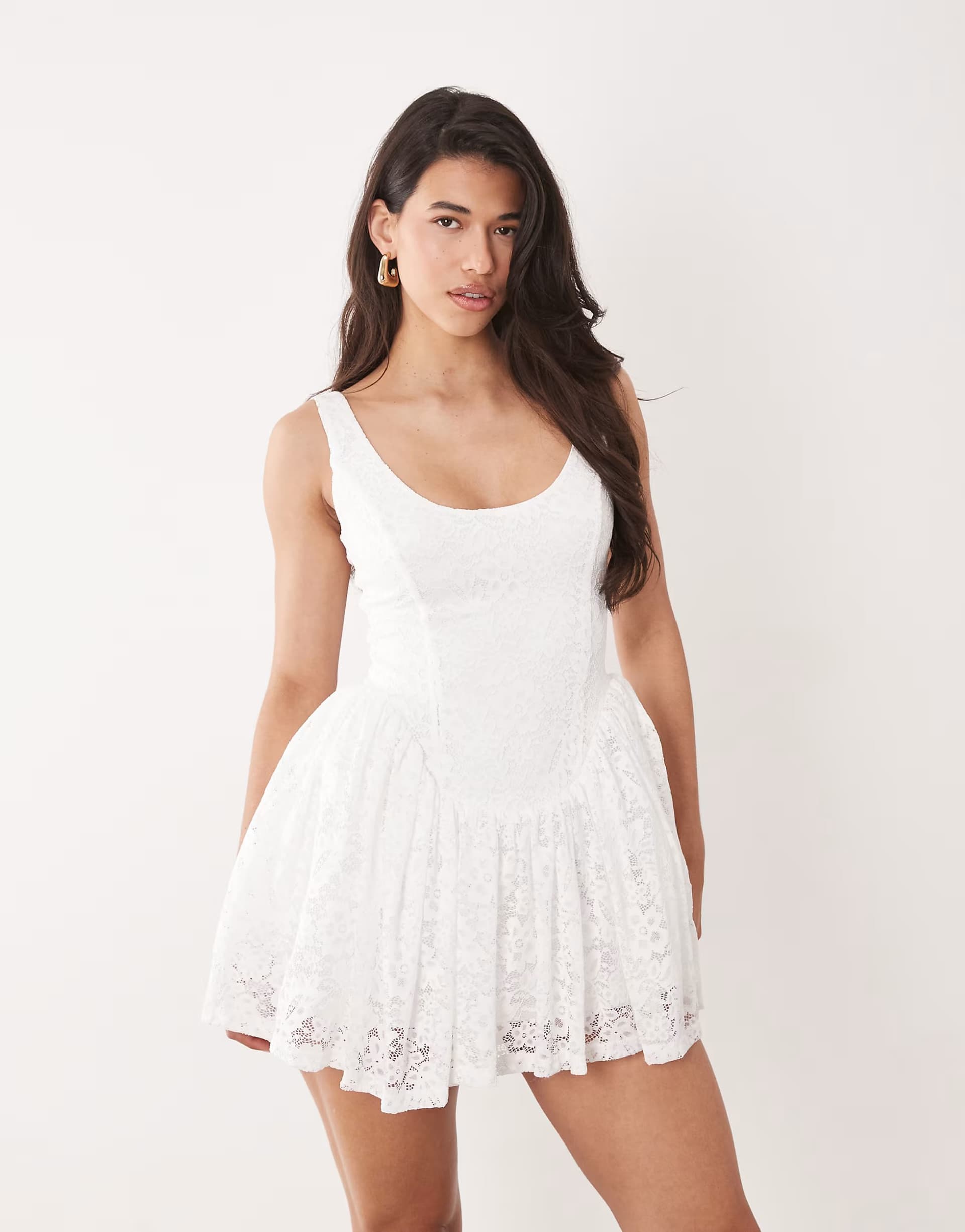 ASOS Aria Cove lace scoop neck corset detail frill hem mini dress in white