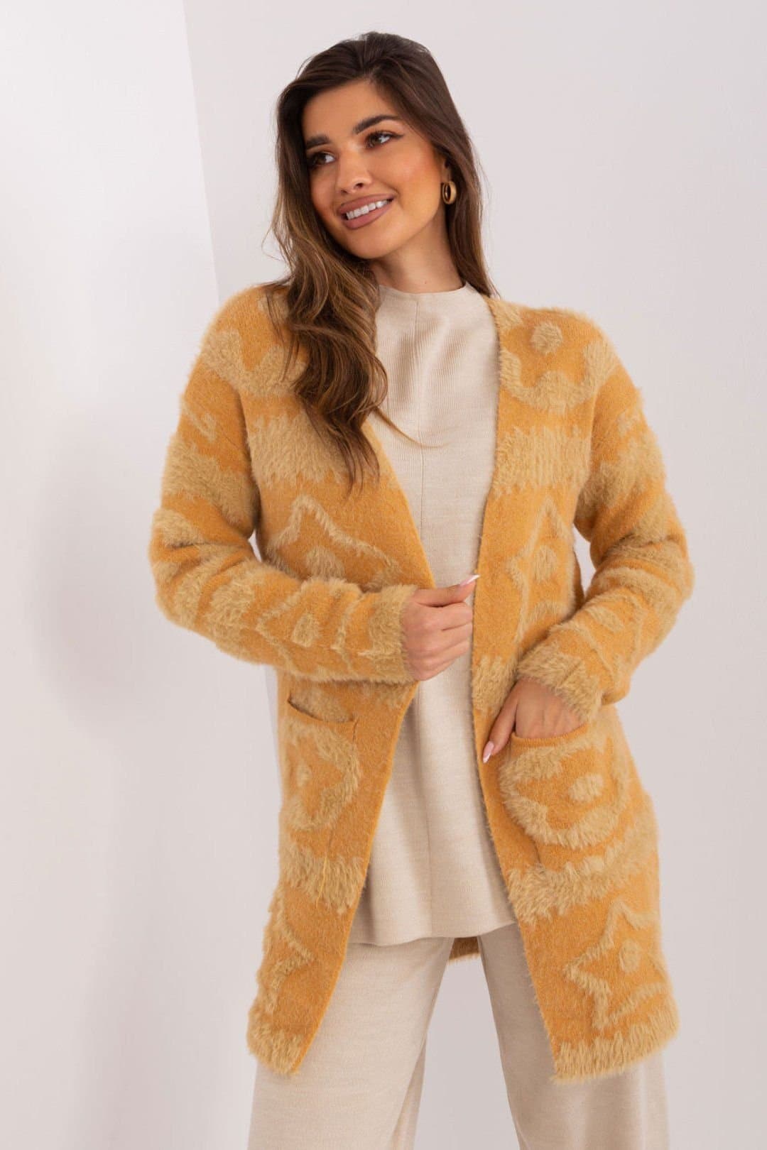 Love Lace Love Lace Women's Unbuttoned Textured Long Sleeve Cardigan Pockets in Mustard