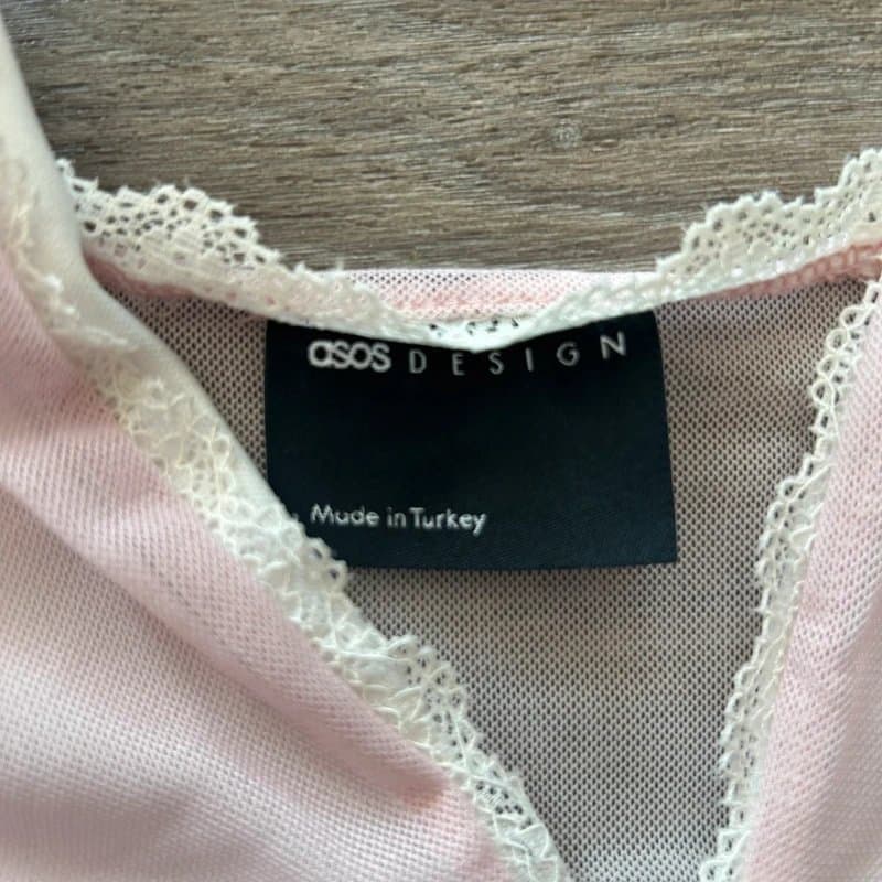ASOS Design ASOS Design pale pink mesh lace-trim tie-front top
