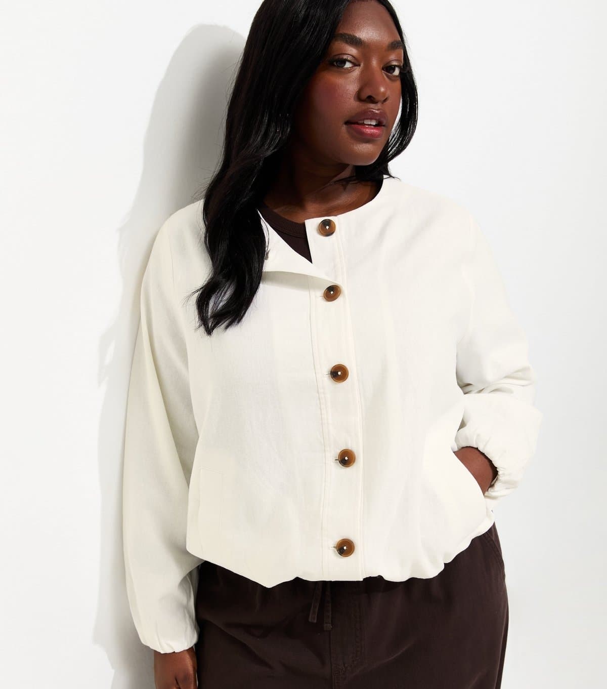 New Look Women's Plus Size White Linen Button Through Bomber Jacket Curves New Look