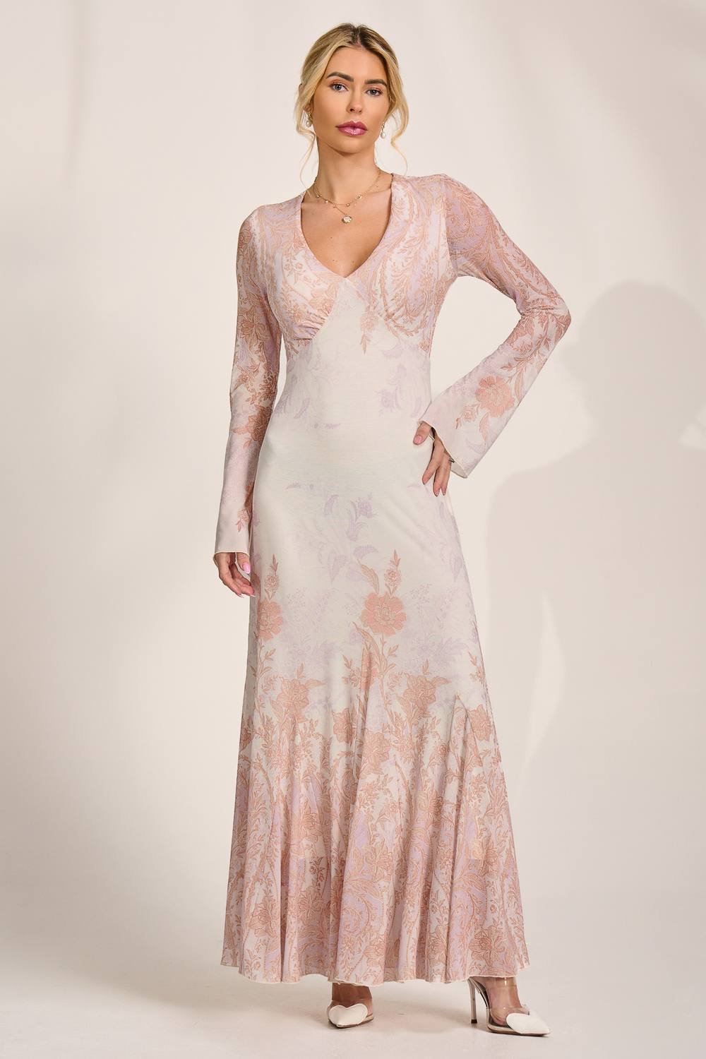 Jolie Moi Jolie Moi Women's Long Sleeve Godet Mesh Maxi Dress in Taupe - 2