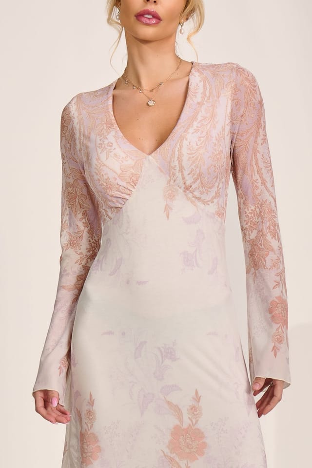 Jolie Moi Jolie Moi Women's Long Sleeve Godet Mesh Maxi Dress in Taupe - 3