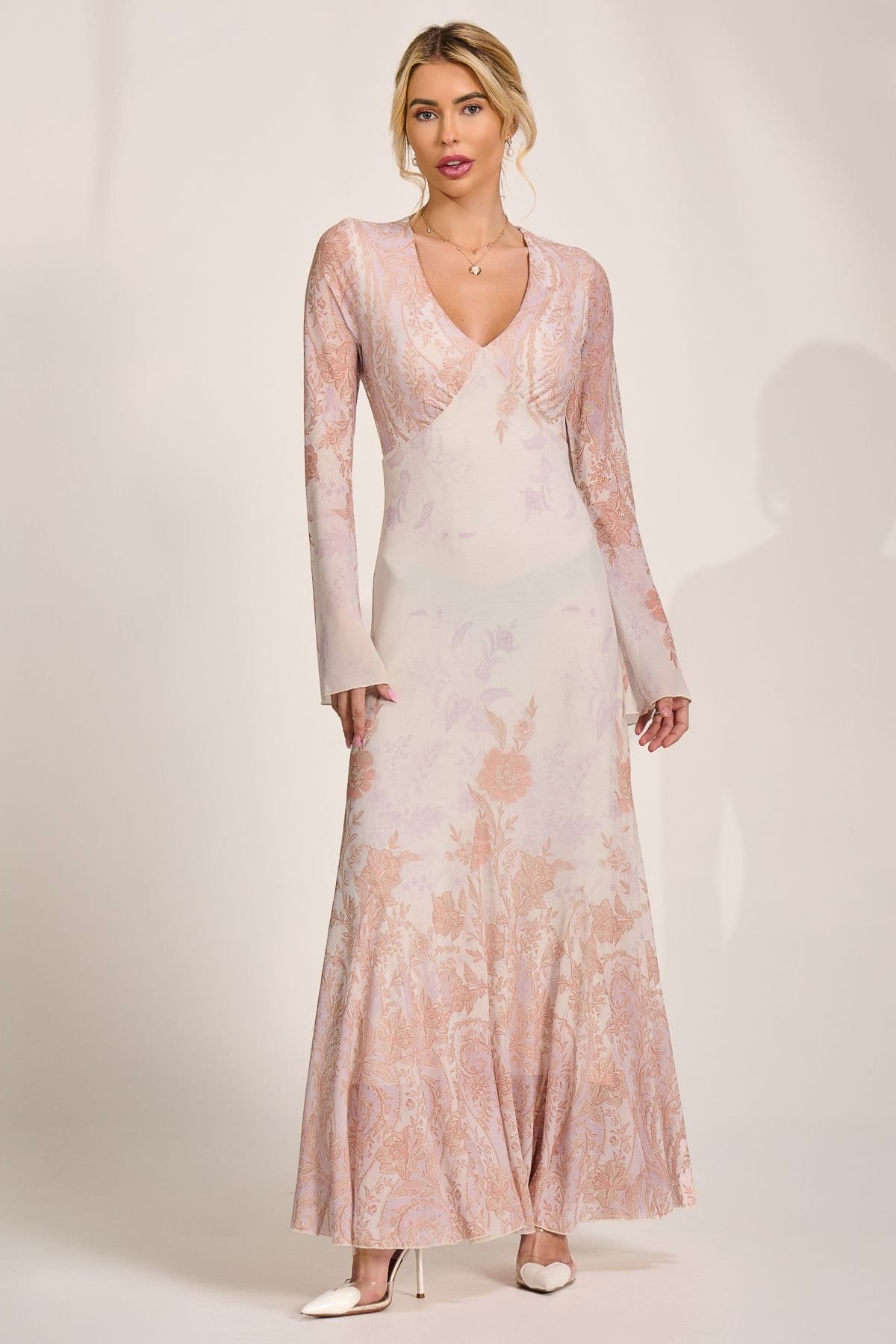 Jolie Moi Jolie Moi Women's Long Sleeve Godet Mesh Maxi Dress in Taupe - 4