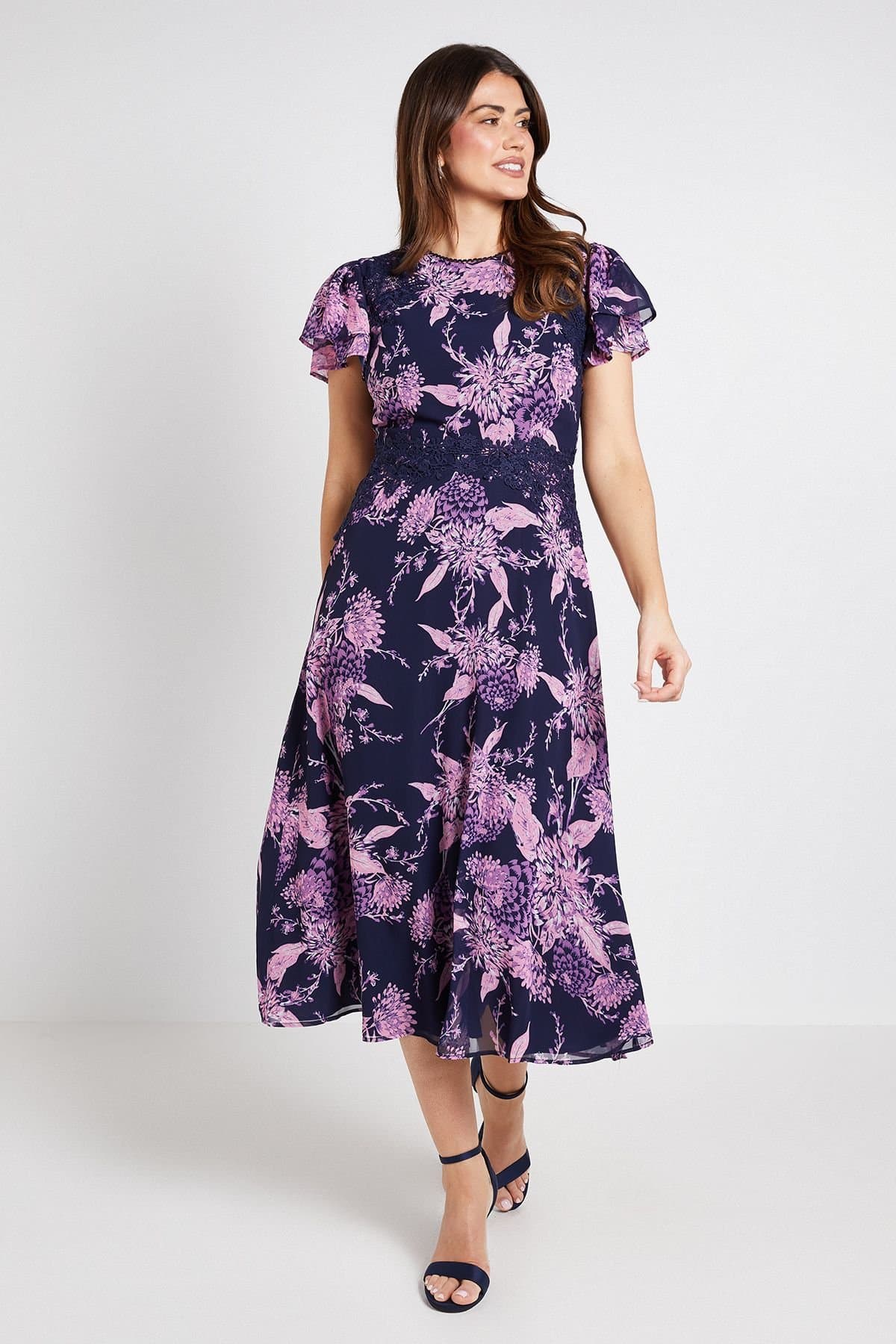 Wallis Wallis Women's Floral Lace Ruffle Sleeve Midi Dress in Navy