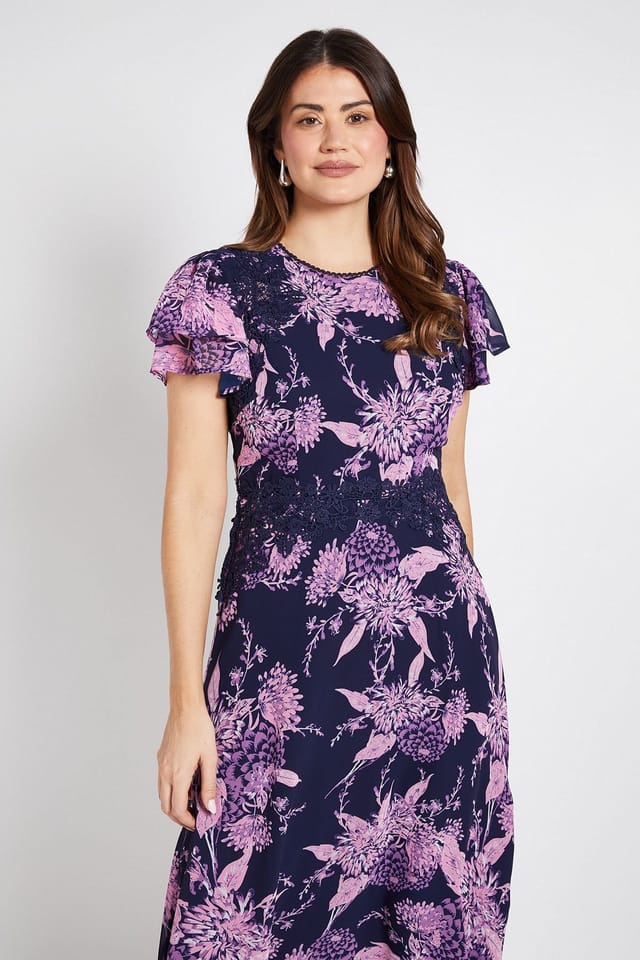Wallis Wallis Women's Floral Lace Ruffle Sleeve Midi Dress in Navy - 2