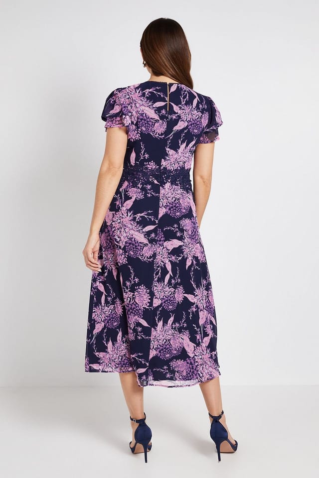 Wallis Wallis Women's Floral Lace Ruffle Sleeve Midi Dress in Navy - 3