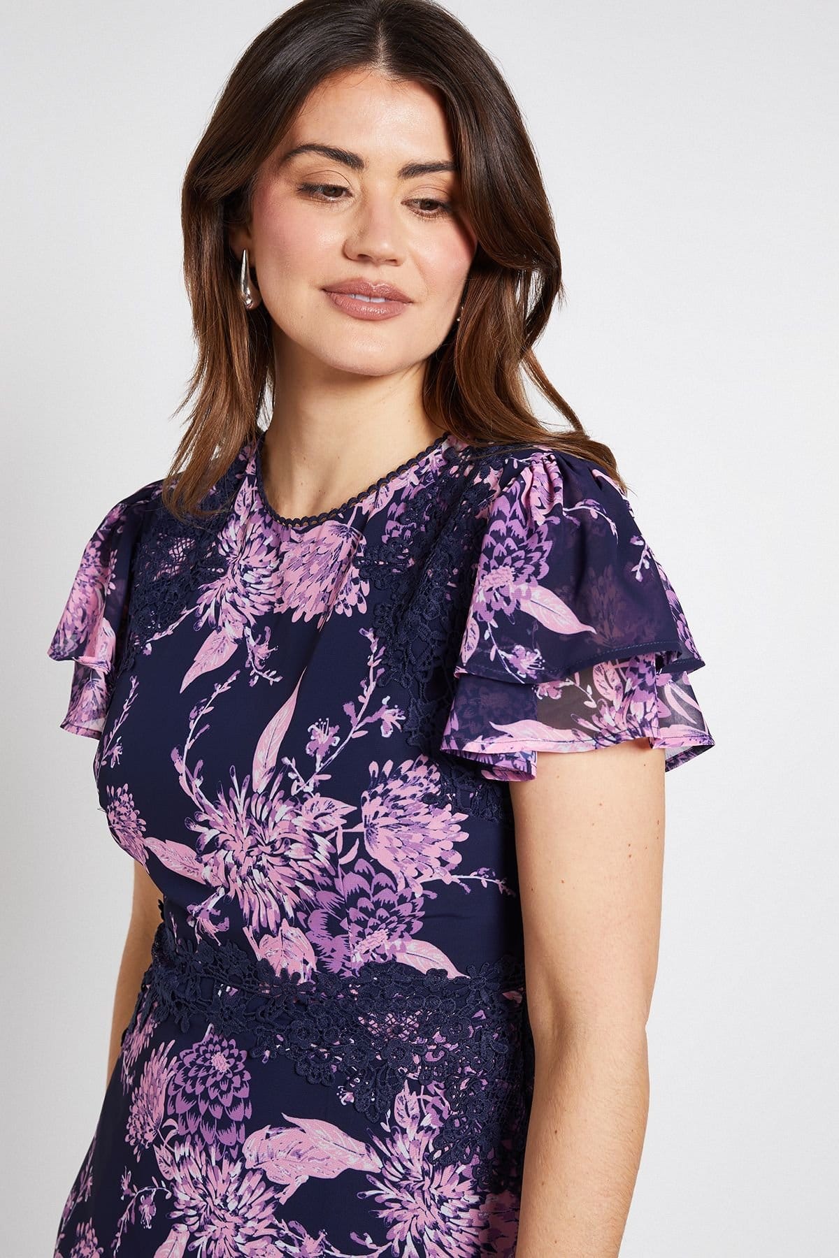 Wallis Wallis Women's Floral Lace Ruffle Sleeve Midi Dress in Navy - 4