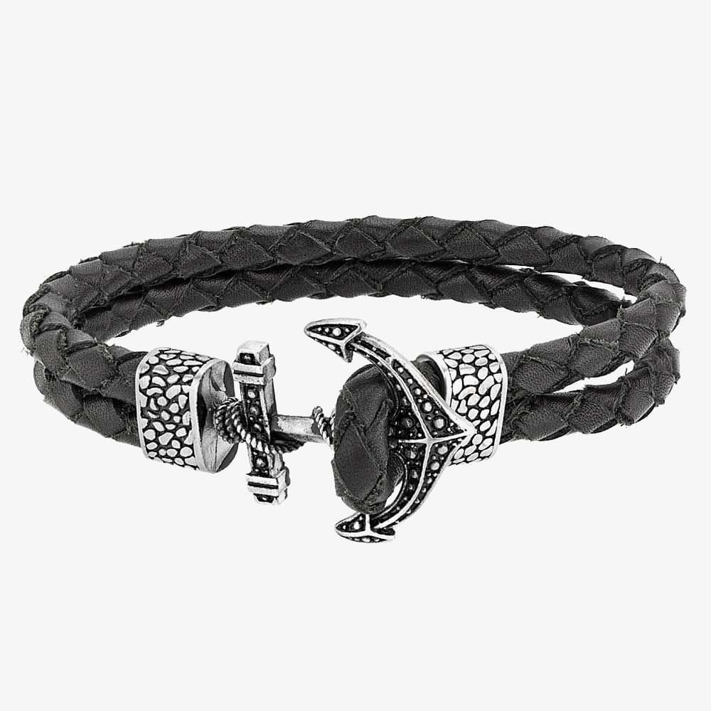 Bourne and Wilde Bourne and Wilde Men's Double Black Leather Anchor Bracelet OSB-1730SBK