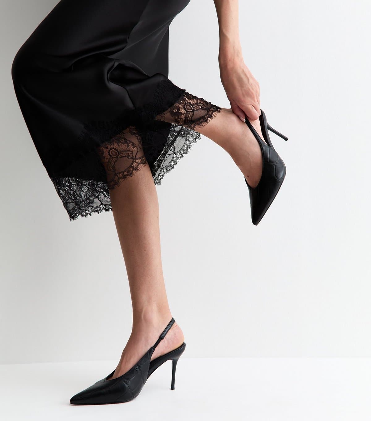 New Look New Look Black Faux Leather Crocodile Embossed Slingback Heels