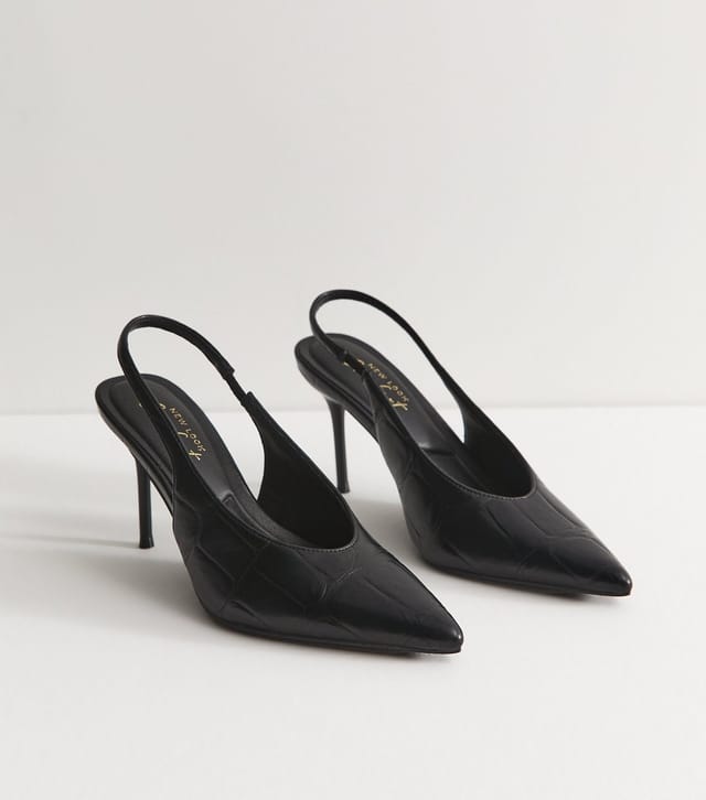 New Look Women's Black Faux Leather Crocodile Embossed Pointed Toe Slingback Heels Vegan New Look - 2