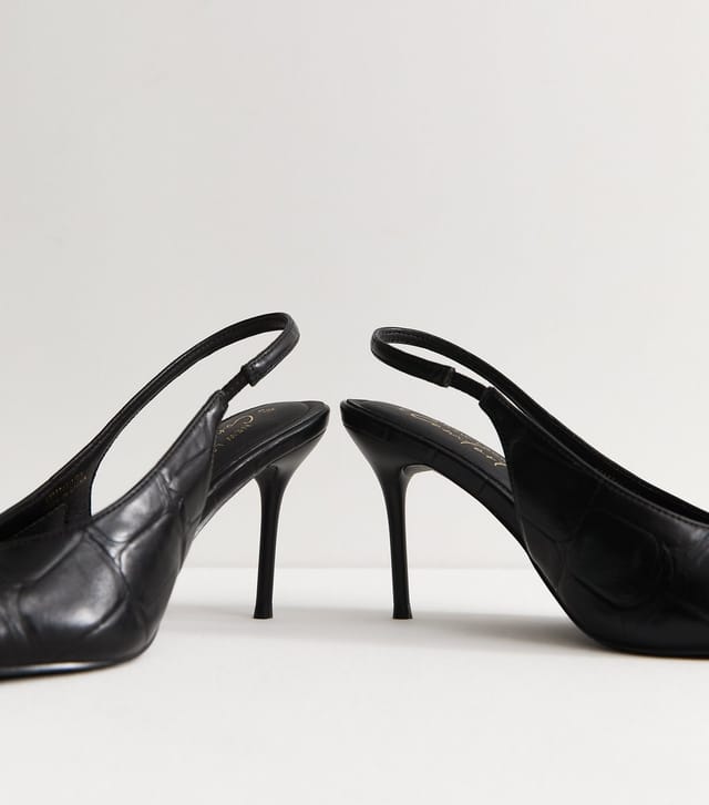 New Look Women's Black Faux Leather Crocodile Embossed Pointed Toe Slingback Heels Vegan New Look - 3