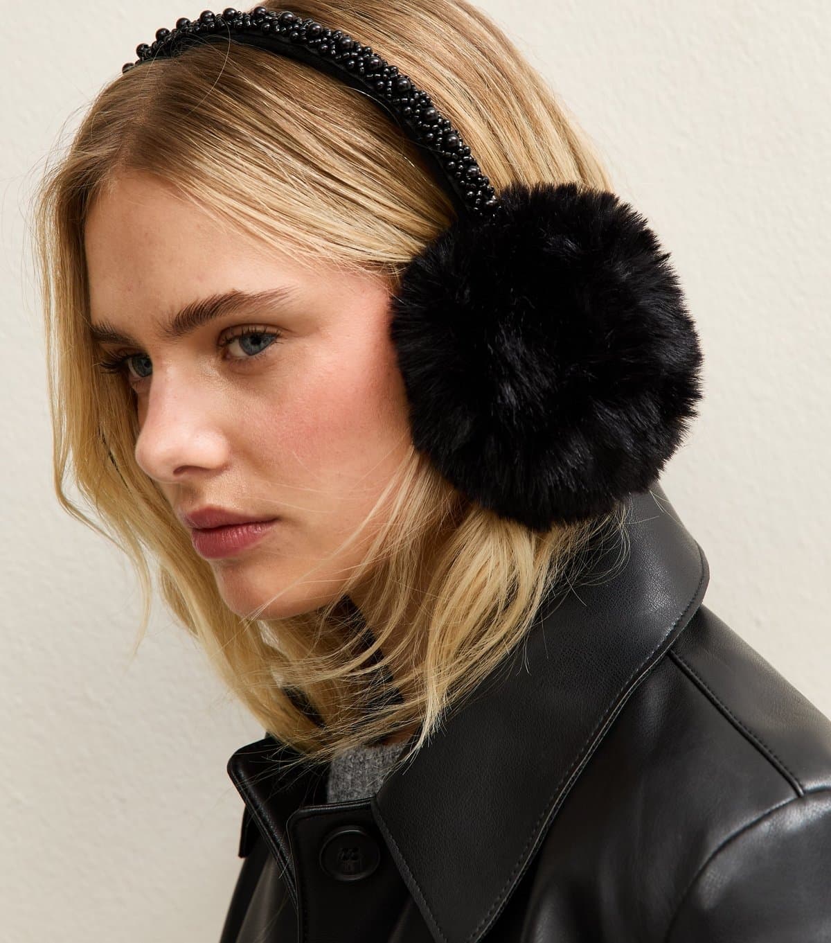 New Look Black Bead Embellished Faux Fur Earmuffs New Look