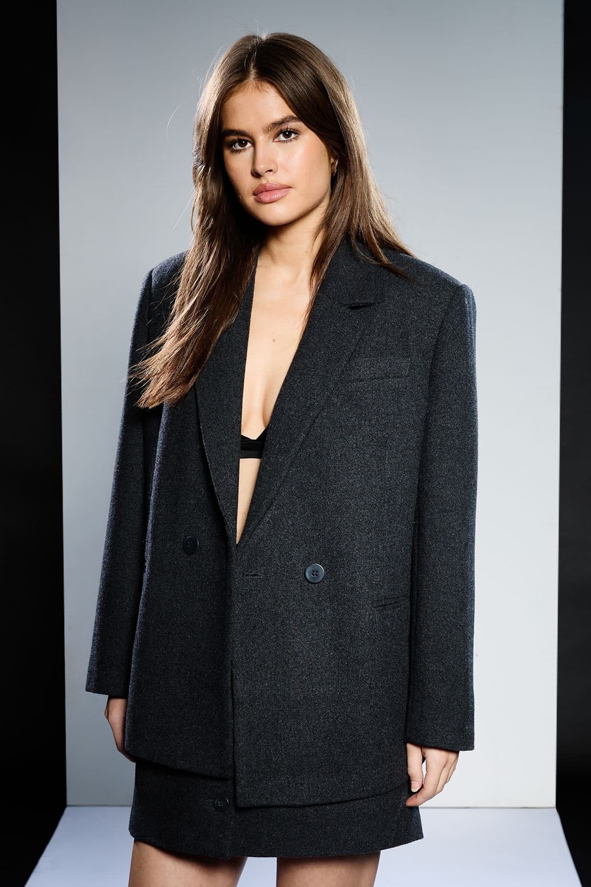 RUNWAY 1.8.1.8 RUNWAY 1.8.1.8 Women's Wool Mix Double Breasted Blazer in Charcoal