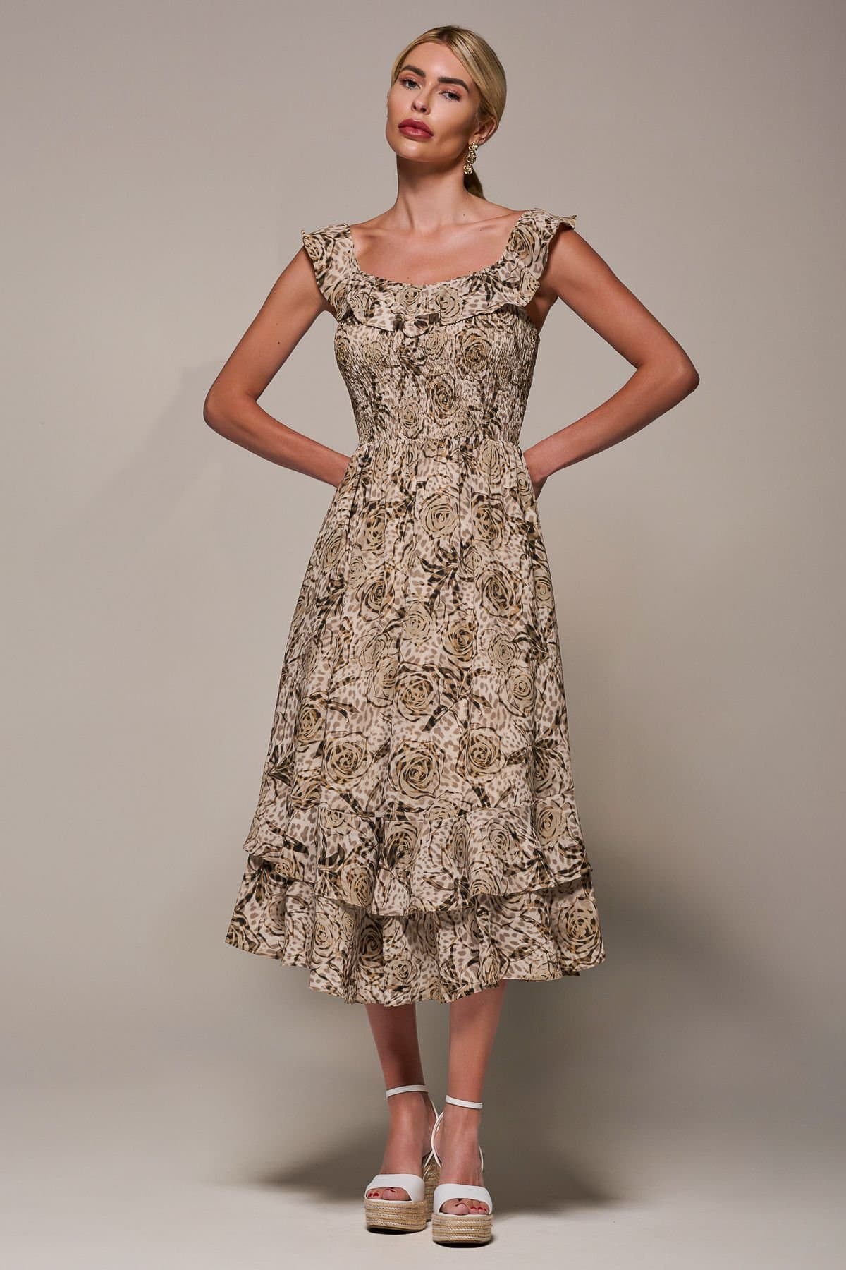 Jolie Moi Jolie Moi Women's Shirred Ruffle Sleeve Tiered Midi Dress in Brown