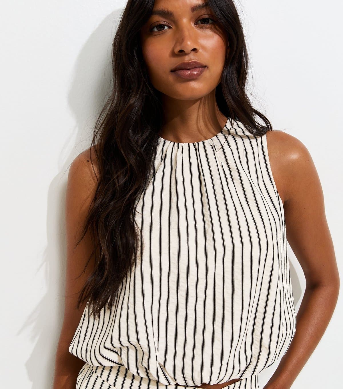 New Look Women's Cream Striped Sleeveless Bubble Hem Top New Look