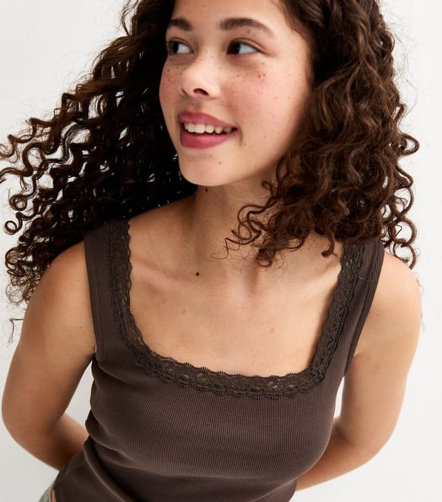 New Look Girls' Brown Lace Trim Square Neck Vest Top New Look - 2