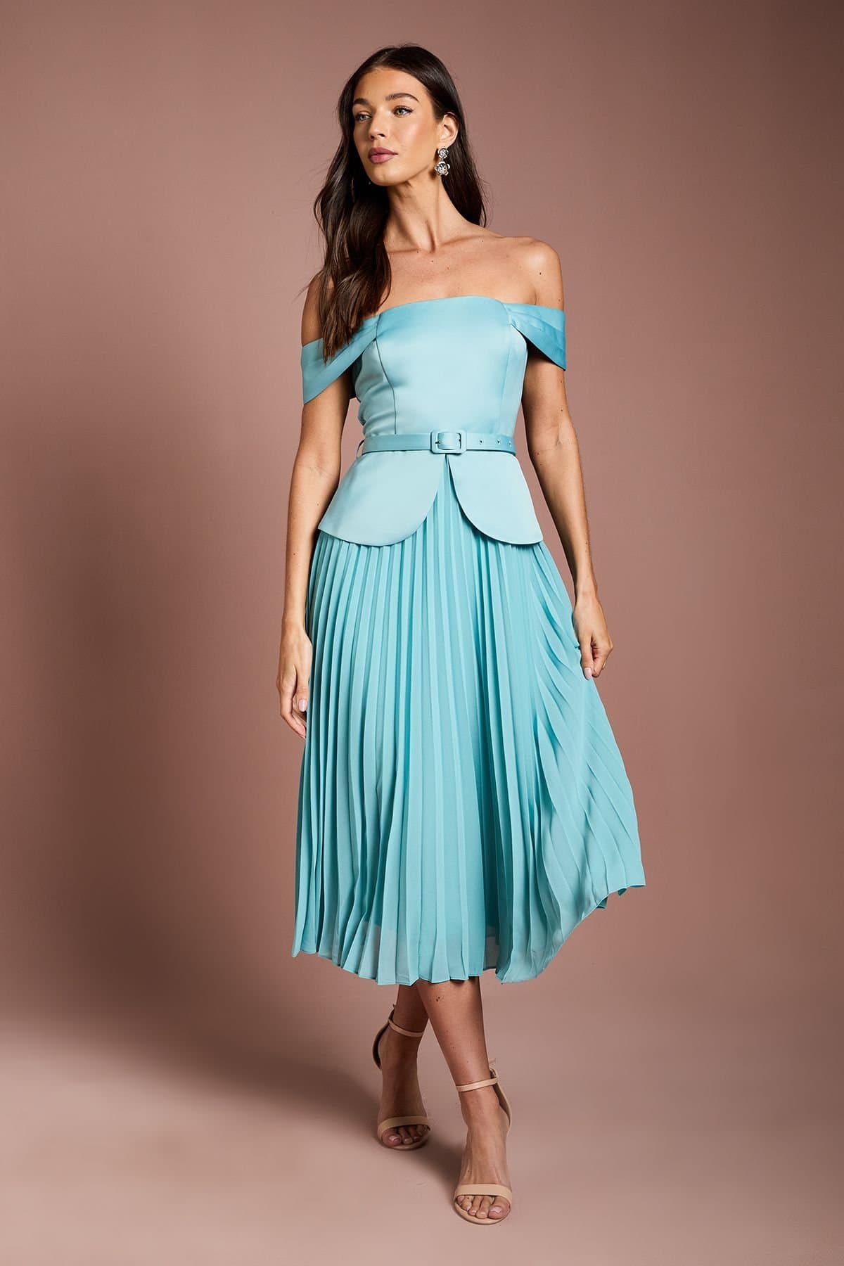 Coast Coast Women's Satin Bardot Top Pleat Skirt Midi Dress in Mint