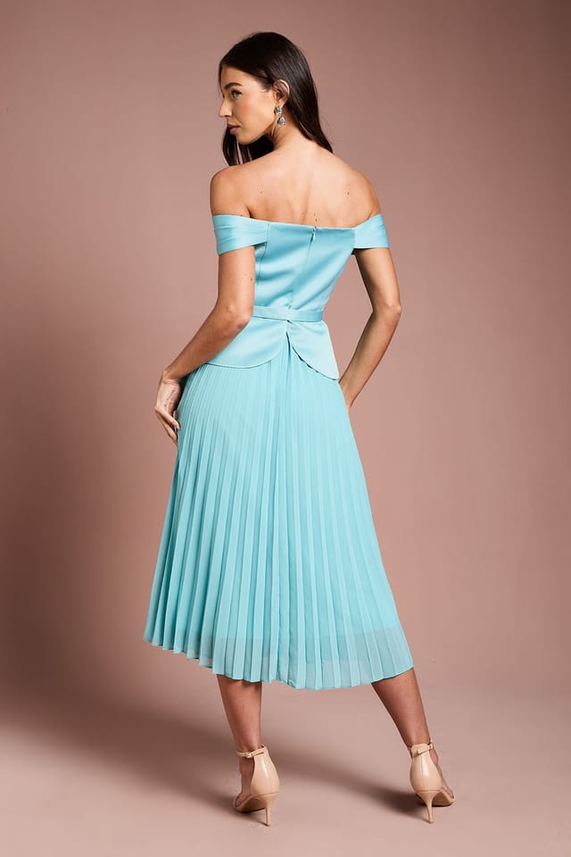 Coast Coast Women's Satin Bardot Top Pleat Skirt Midi Dress in Mint - 3