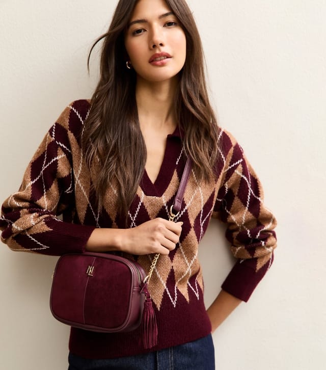 New Look Burgundy Faux Suede Panel Cross Body Bag Vegan New Look - 2