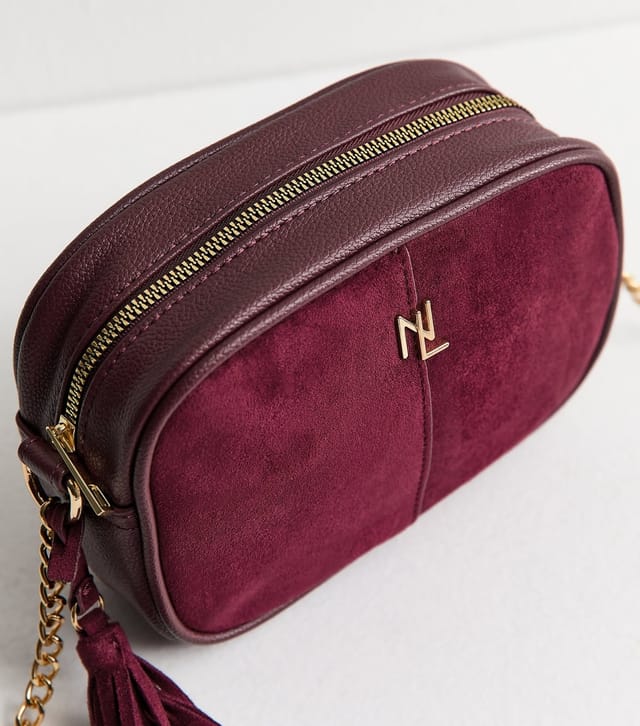 New Look Burgundy Faux Suede Panel Cross Body Bag Vegan New Look - 3