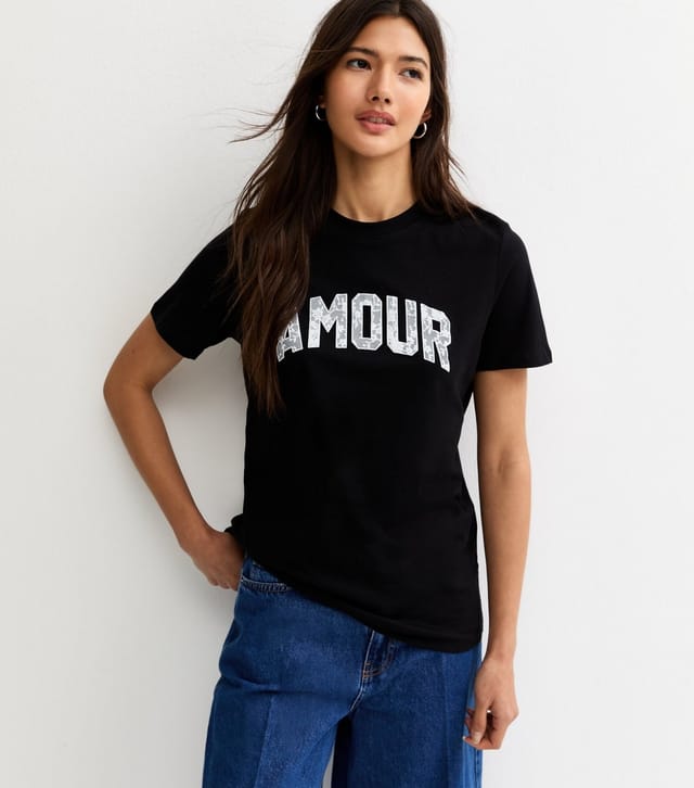 New Look Women's Black Amour Lace Text T-Shirt New Look - 2
