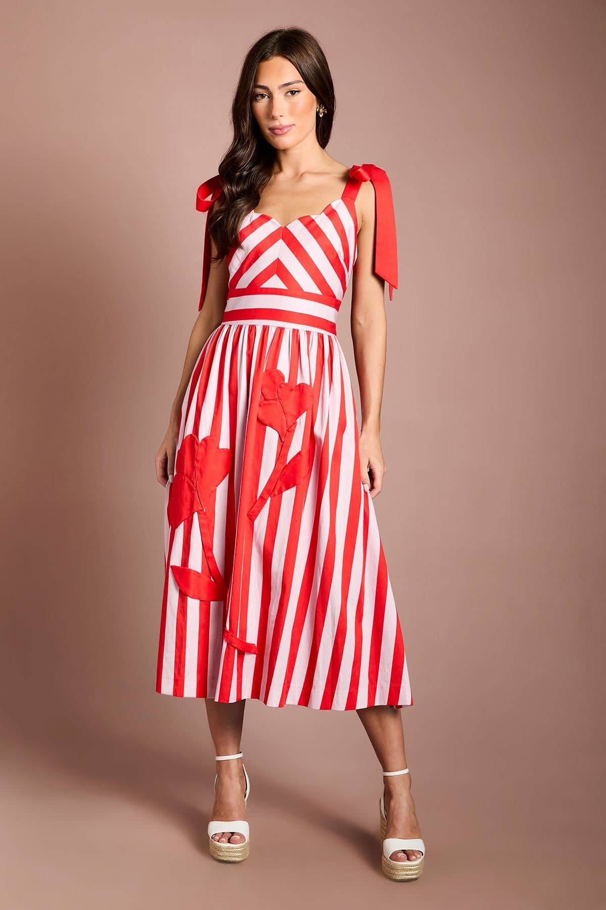 Coast Coast Women's Tie Shoulder Striped Placement Print Midi Dress in Red