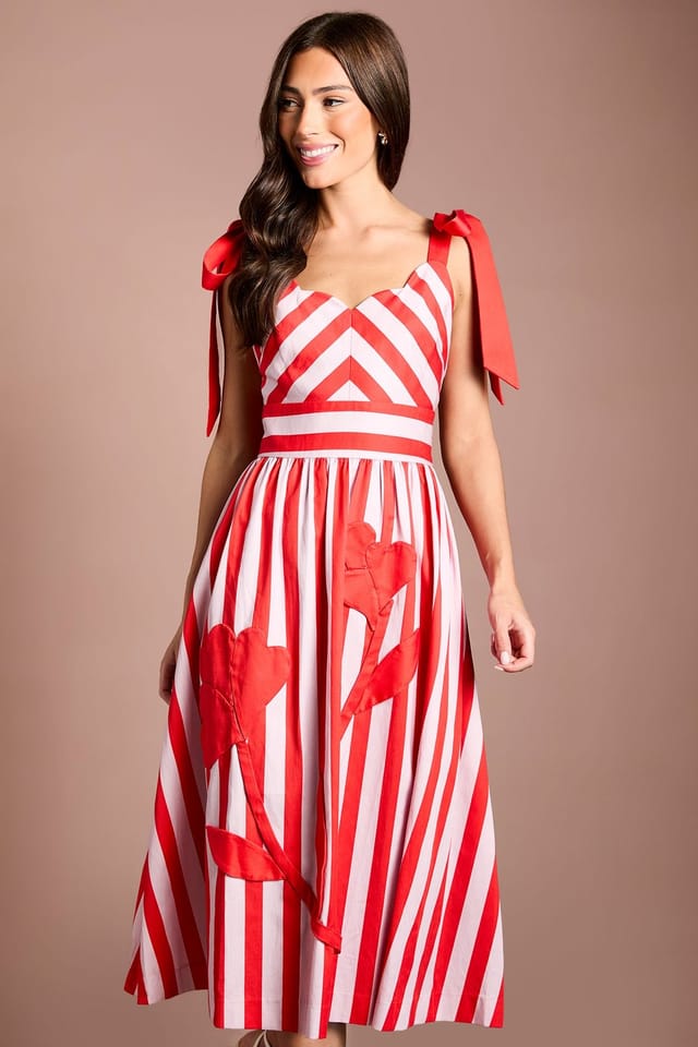 Coast Coast Women's Tie Shoulder Striped Placement Print Midi Dress in Red - 2