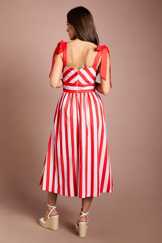 Coast Coast Women's Tie Shoulder Striped Placement Print Midi Dress in Red - 3