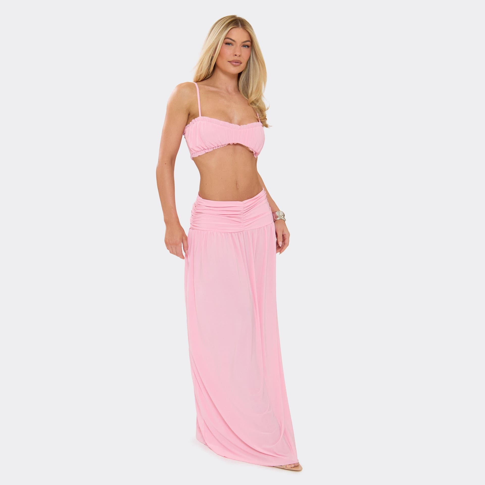 EGO Mid Waist Ruched Waistband Maxi Skirt In Pink, Women's Size UK 6