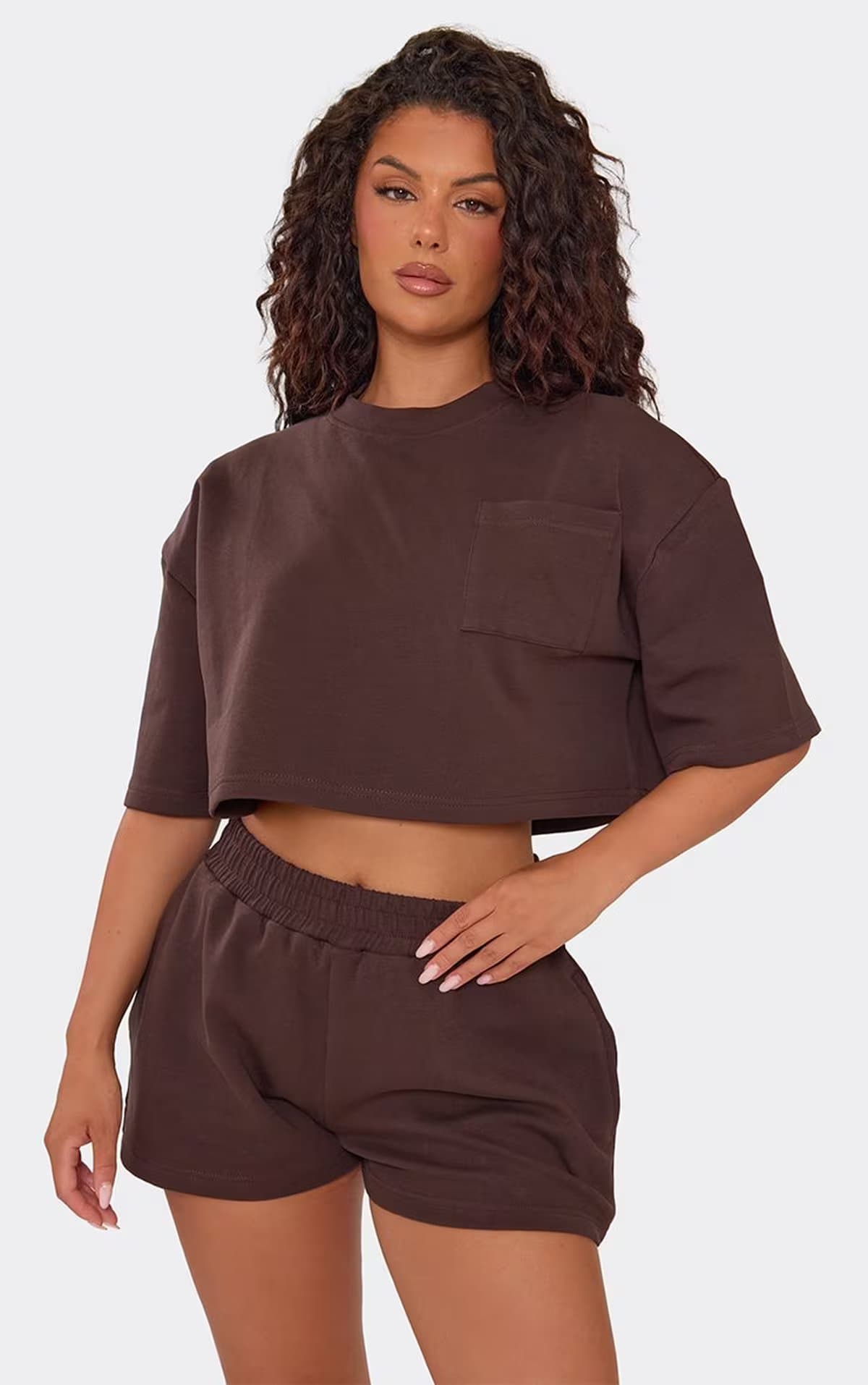 EGO EGO Chocolate Brown Interlock Boxy Cropped T-Shirt With Shoulder