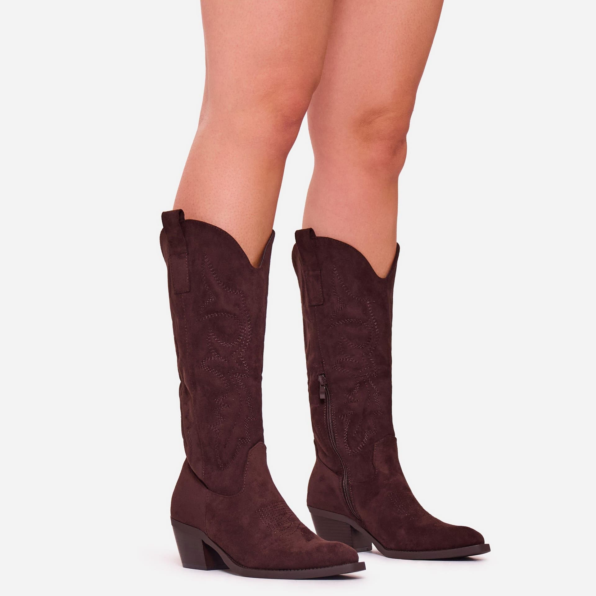 EGO Marzz Embroidered Detail Pointed Toe Mid Calf Western Cowboy Boot In Brown Faux Suede, Women's Size UK 3