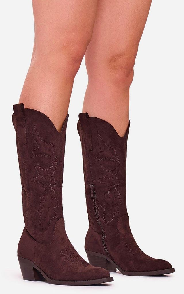 EGO Marzz Embroidered Detail Pointed Toe Mid Calf Western Cowboy Boot In Brown Faux Suede, Women's Size UK 3 - 2