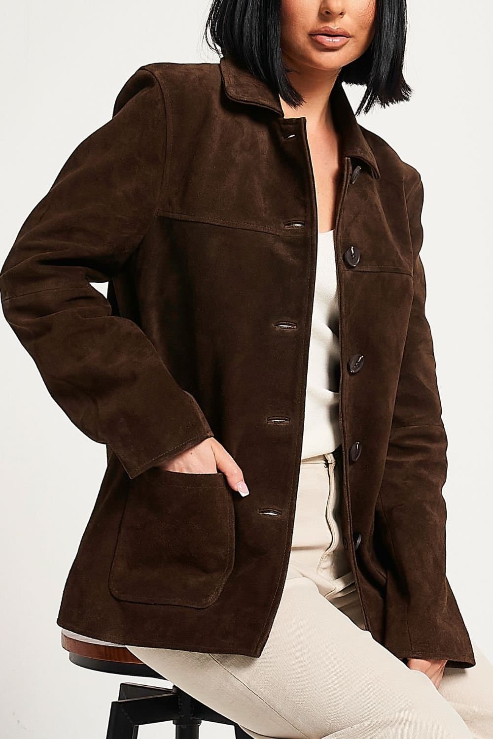 Barneys Originals Barneys Originals Women's Buffalo Suede Car Coat in Brown