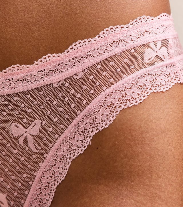 New Look Women's Pink Bow Embroidered Mesh Lace Trim Thong New Look - 2