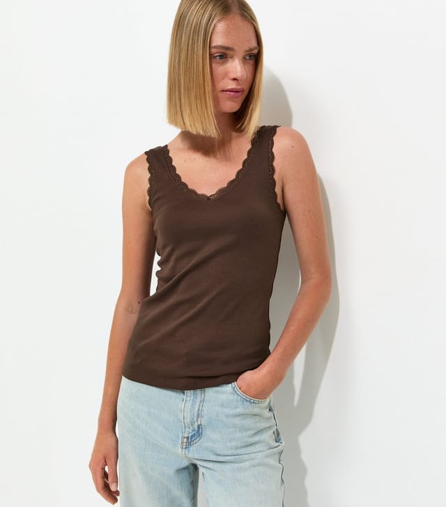 New Look Women's Dark Brown Cotton Rich Lace Trim V-Neck Vest New Look - 2
