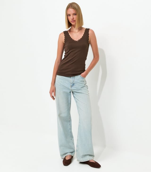 New Look Women's Dark Brown Cotton Rich Lace Trim V-Neck Vest New Look - 3