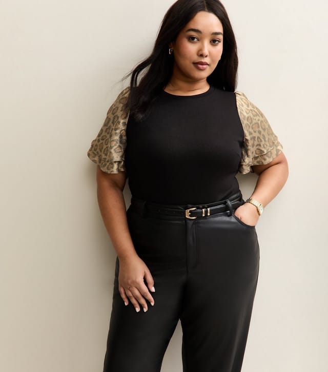 New Look Women's Plus Size Black Soft Touch Animal Print Foil Flutter Sleeve Top Curves New Look - 2