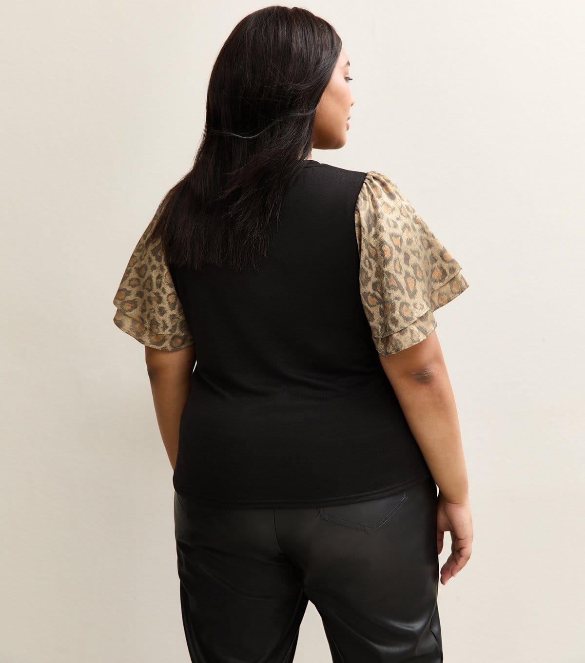 New Look Women's Plus Size Black Soft Touch Animal Print Foil Flutter Sleeve Top Curves New Look - 4