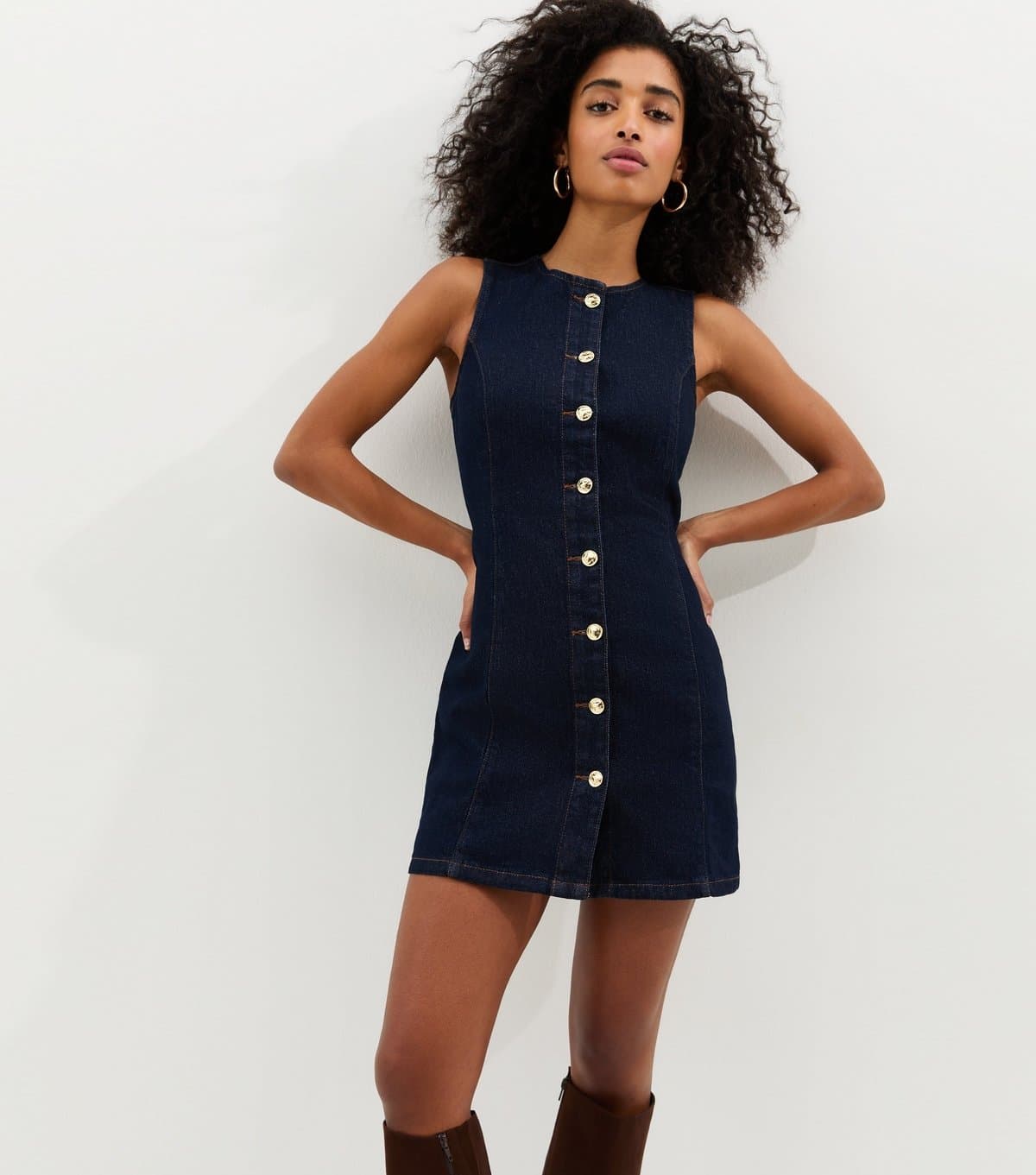 New Look Women's Indigo Wash Button Up Sleeveless Mini Dress New Look