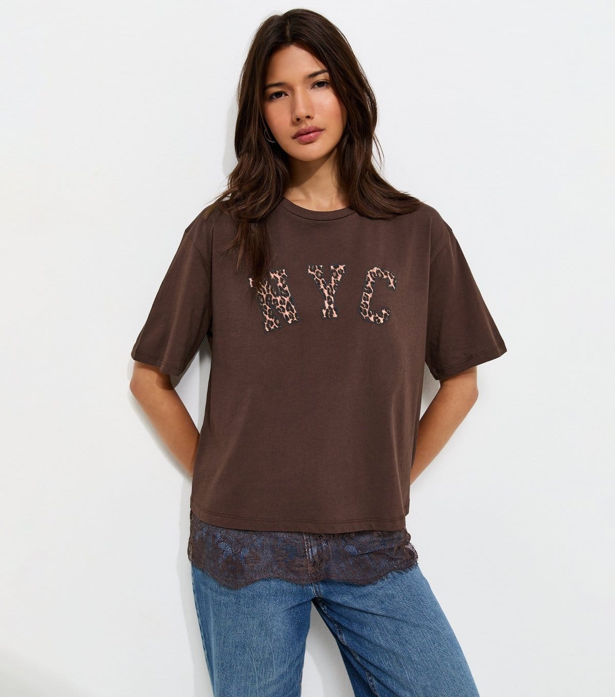 New Look Dark Brown Cotton Leopard Print NYC Lace Trim Boxy