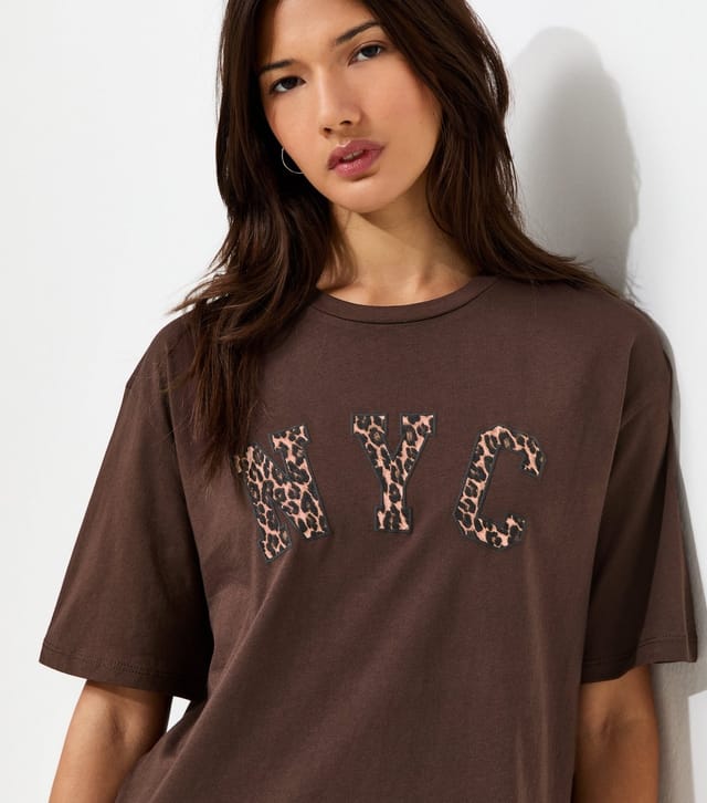 New Look Women's Dark Brown Cotton Leopard Print NYC Lace Trim Boxy T-Shirt New Look - 2