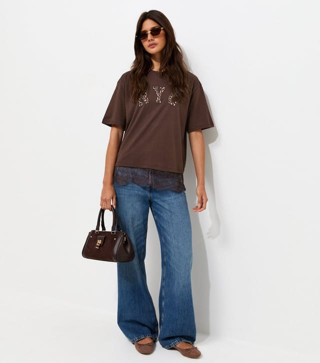 New Look Women's Dark Brown Cotton Leopard Print NYC Lace Trim Boxy T-Shirt New Look - 3