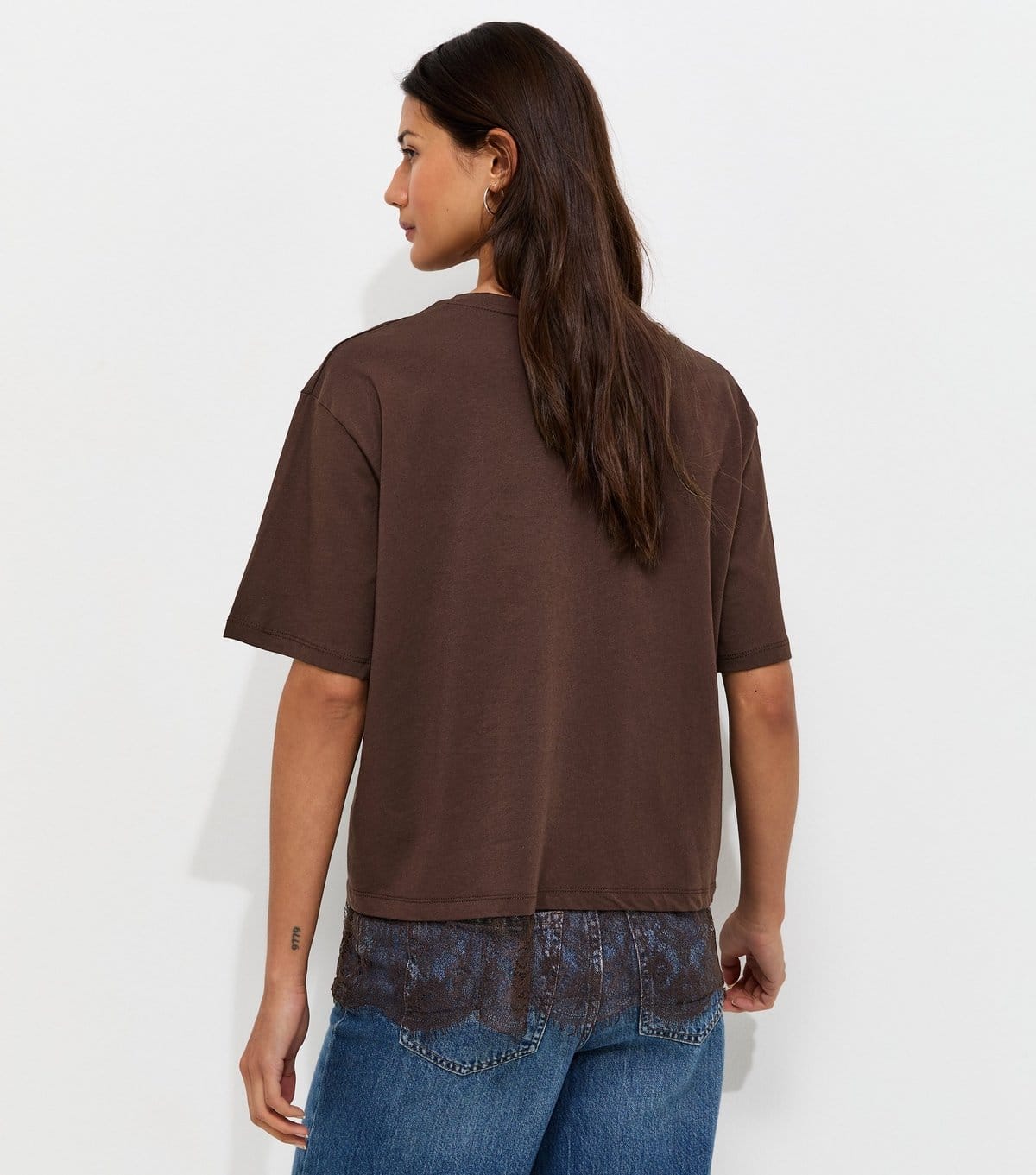 New Look Women's Dark Brown Cotton Leopard Print NYC Lace Trim Boxy T-Shirt New Look - 4
