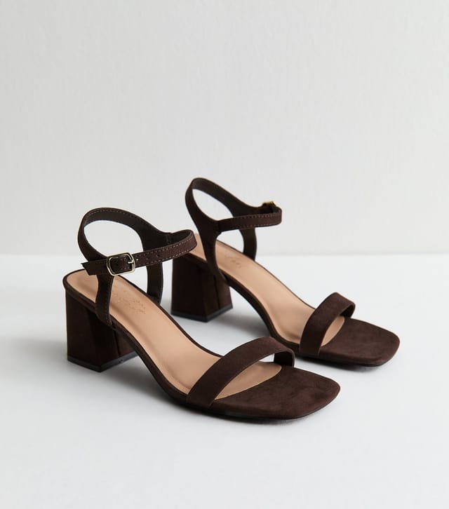 New Look Women's Dark Brown Faux Suede Block Heel Sandals Vegan New Look - 3