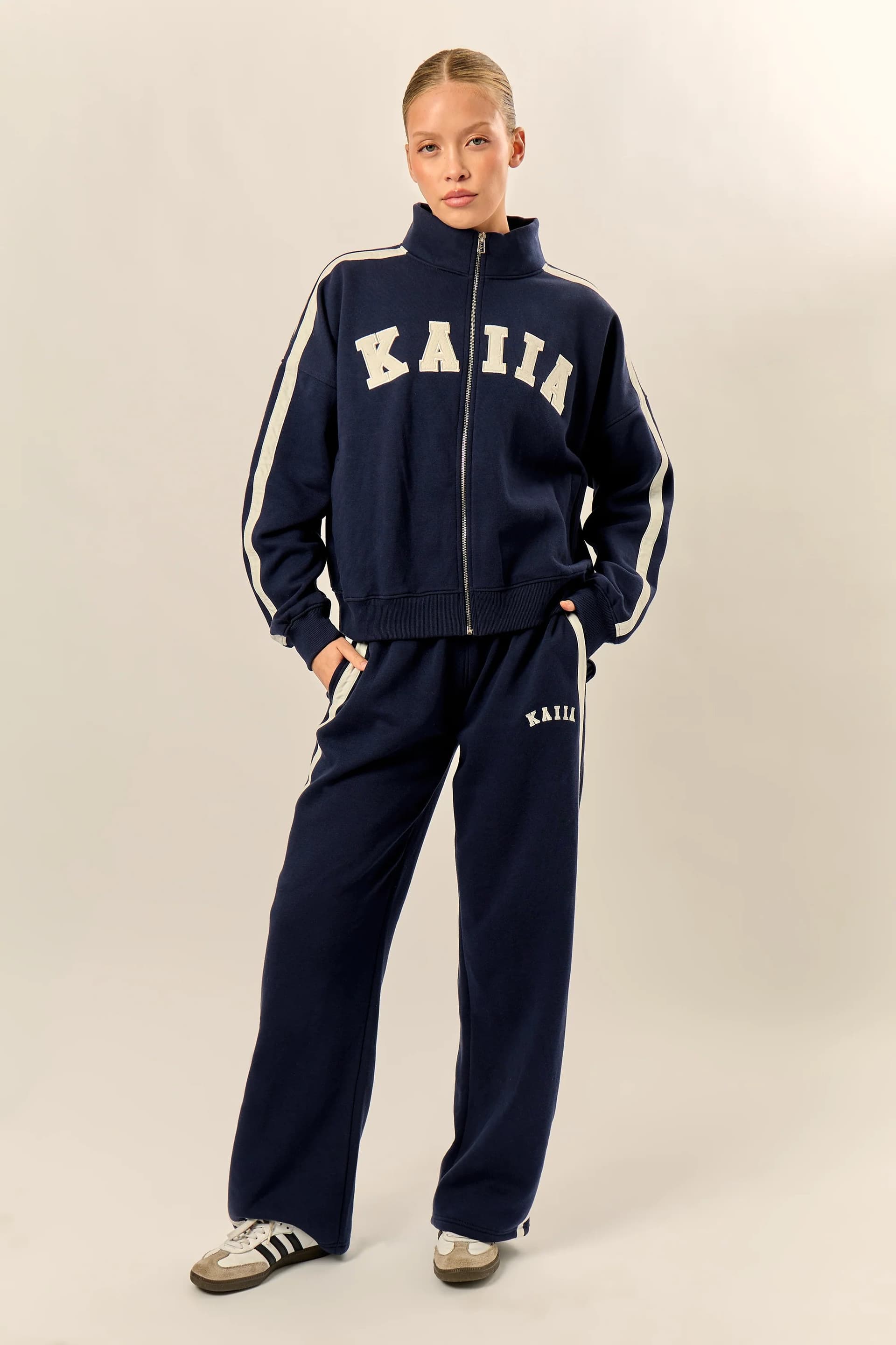 Kaiia Kaiia Sport Stripe Wide Leg Joggers Navy & Cream