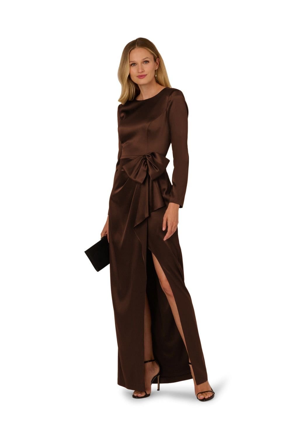 Adrianna Papell Brown Stretch Satin Ruffle Gown